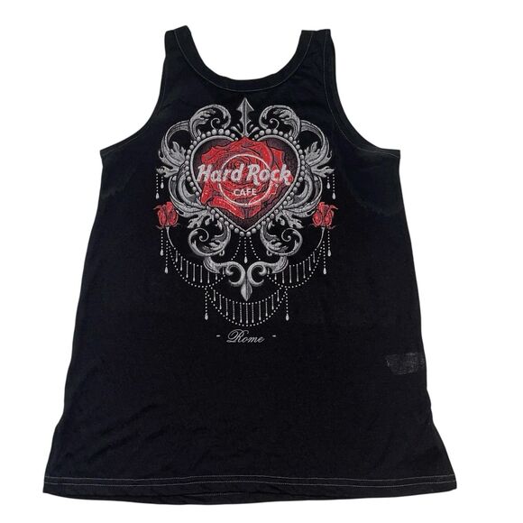 Hard Rock Cafe Rome Italy Tank Top S Womens Couture Roses Black V Strappy Back - Picture 1 of 9